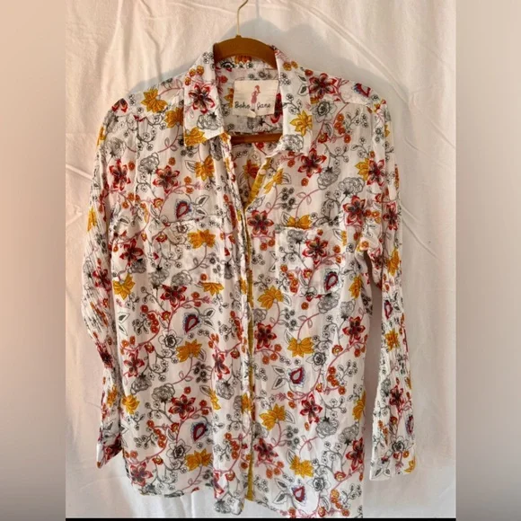 Boho Jane Floral Button Down -Size Small - Peace Sign on Back - 100% Cotton Boho - Picture 3 of 6